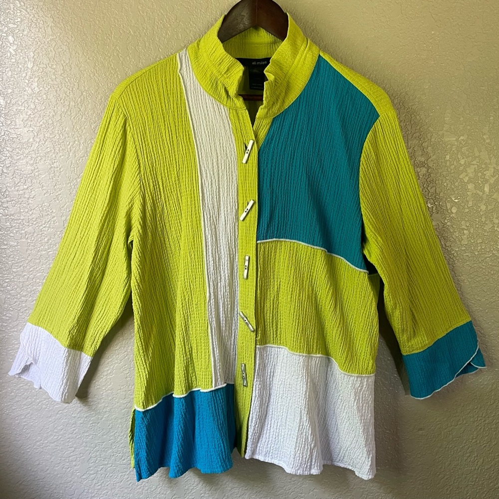 Ali Miles Womens PL Petite Large Crinkle Button Down Tunic Top Artsy Art To Wear